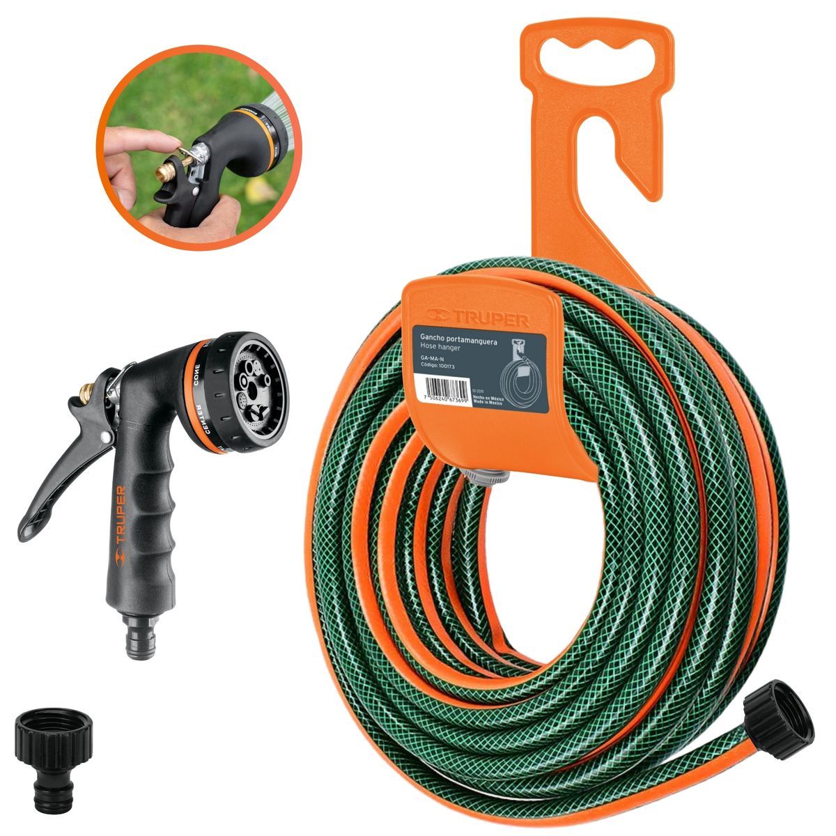 TRUPER - COMBO MANGUERA DE RIEGO 10m PISTOLA DE RIEGO 8FUNCIONES PORTAMANGUERA