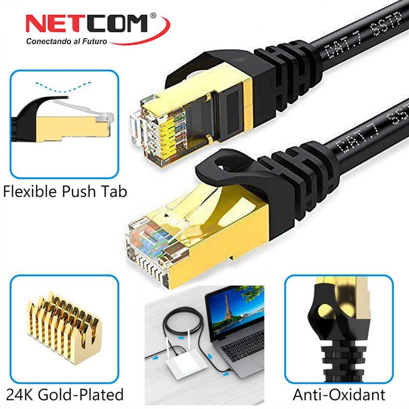 NETCOM - Cable de Red Cat 7 Netcom Rj45 10 Gbps 100 Metros Patch Cord 100%cobre