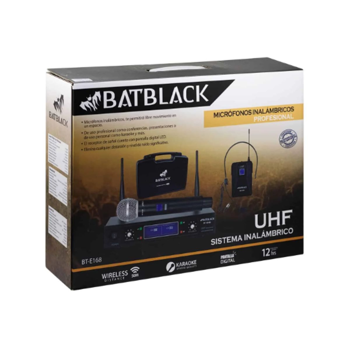 BATBLACK - Micrófono Inalámbrico Doble Manual y Vincha UHF BT-E168 BATBLACK