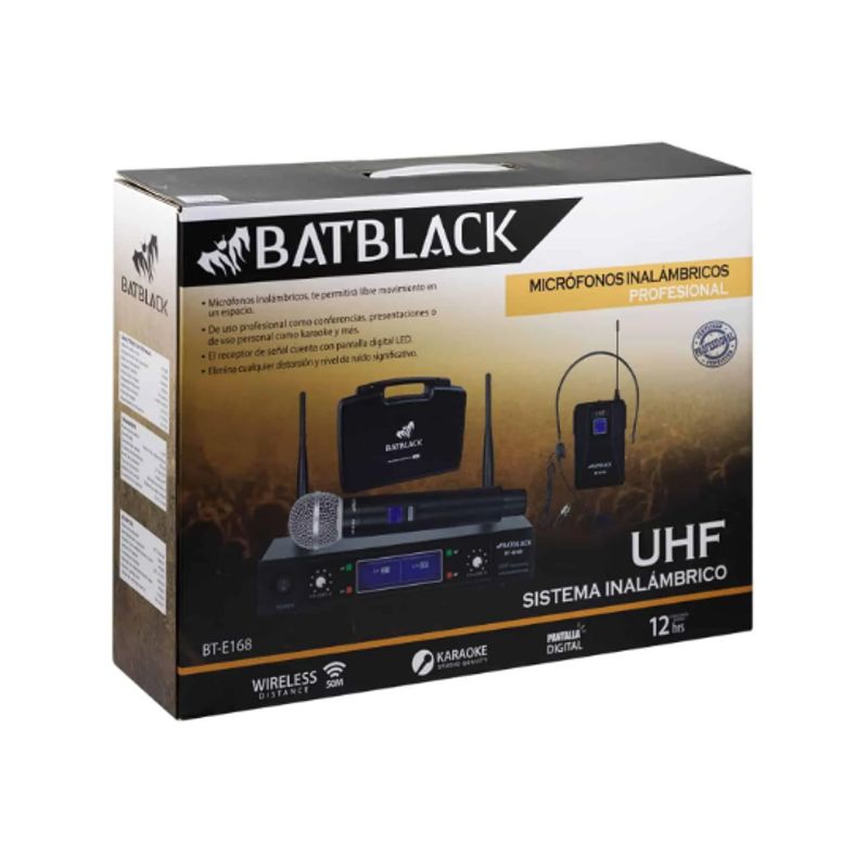 BATBLACK - Micrófono Inalámbrico Doble Manual y Vincha UHF BT-E168 BATBLACK