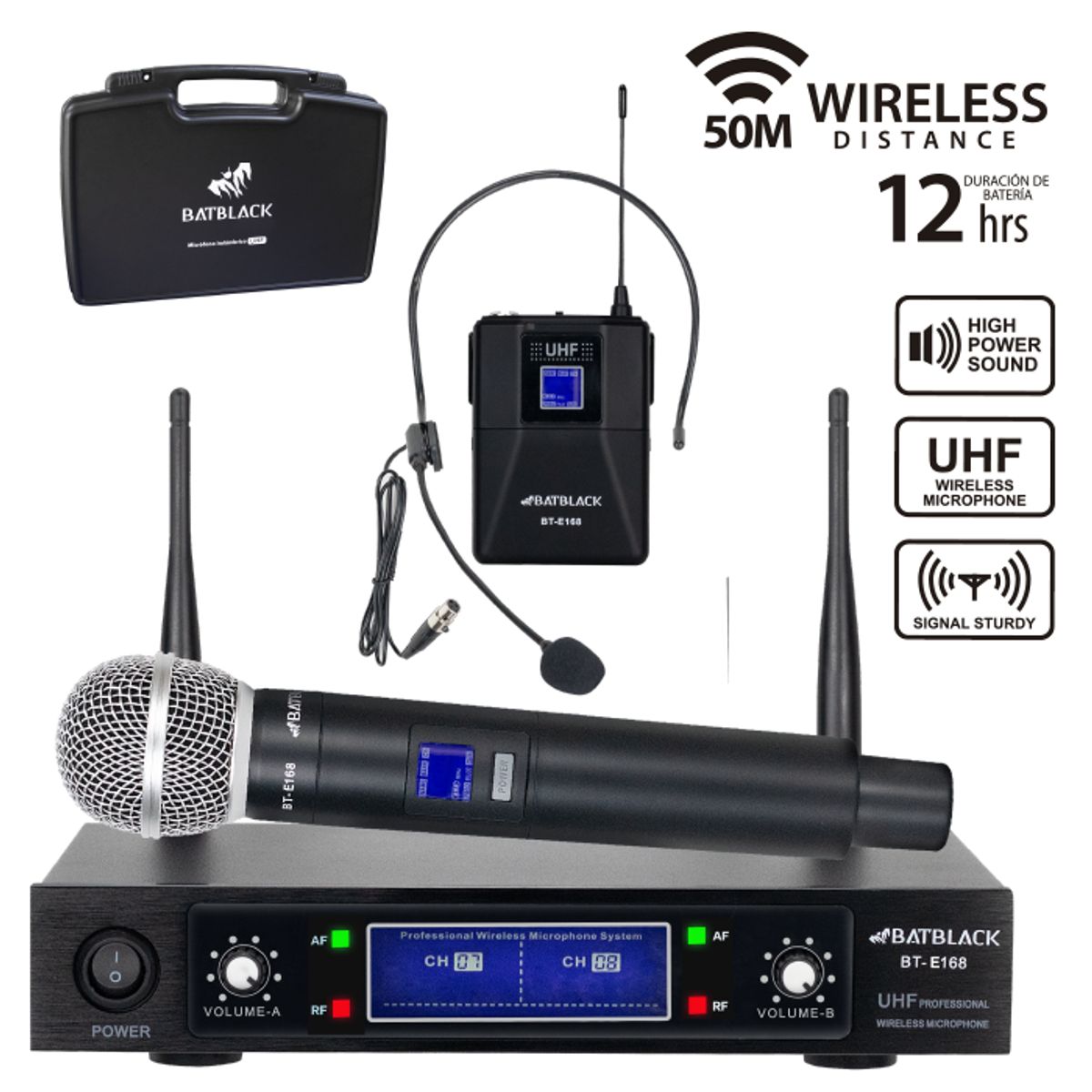 BATBLACK - Micrófono Inalámbrico Doble Manual y Vincha UHF BT-E168 BATBLACK