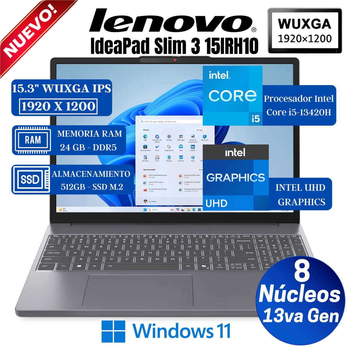 LENOVO - Laptop Lenovo IdeaPad Slim 3 15IRH10 15.3" WUXGA IPS Core i5-13420H, Ram 24GB, SSD 512GB, Win 11 Pro