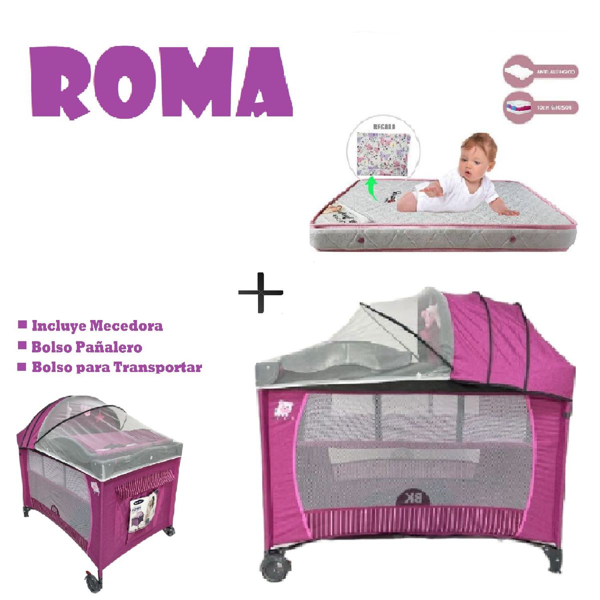 BABY KITS - Cuna Corral Roma-Colchon R -Morado