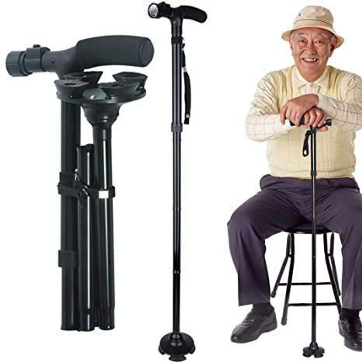 GENERICO - Bastón Plegable Con Luz Led Soporte de 4 Patas