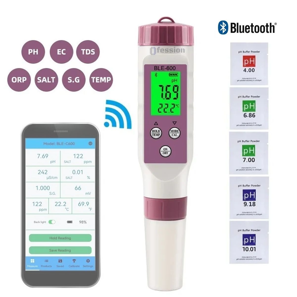 GENERICO - Medidor calidad de Agua  7 En 1 Ph Tds Ec Sal Sg Orp Temp + Bluetooh