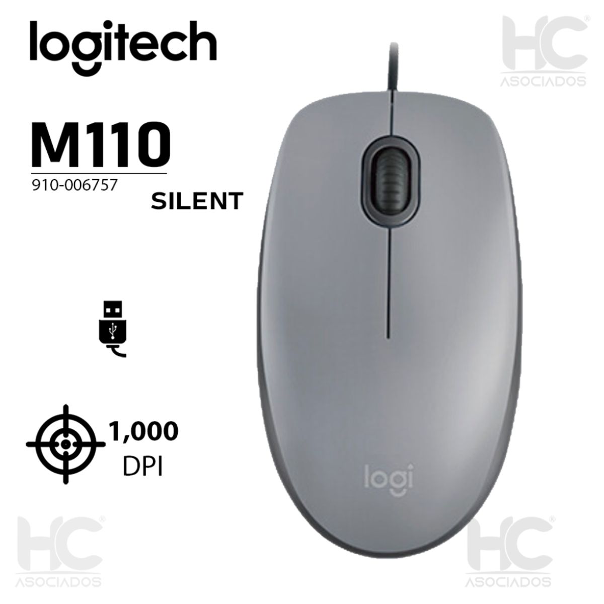 LOGITECH - MOUSE LOGITECH CON CABLE M110 SILENCIOSO GRIS
