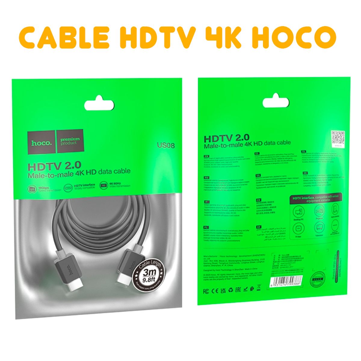HOCO - Cable HDMI a HDMI 4K HD 18 Gbps HOCO US08 - 3 METROS