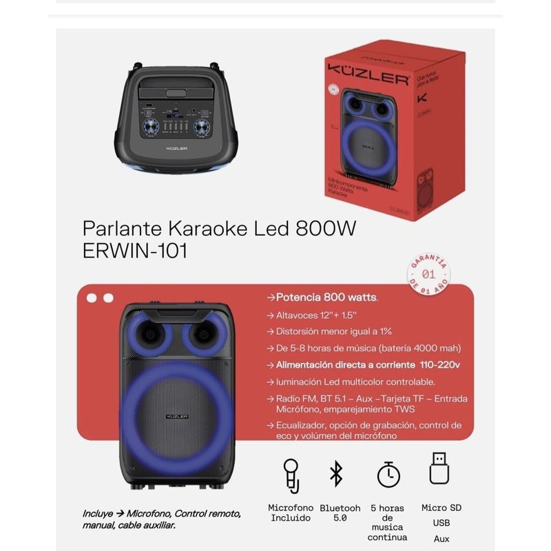 KUZLER - PARLANTE KARAOKE KUZLER  800W ERWIN -101