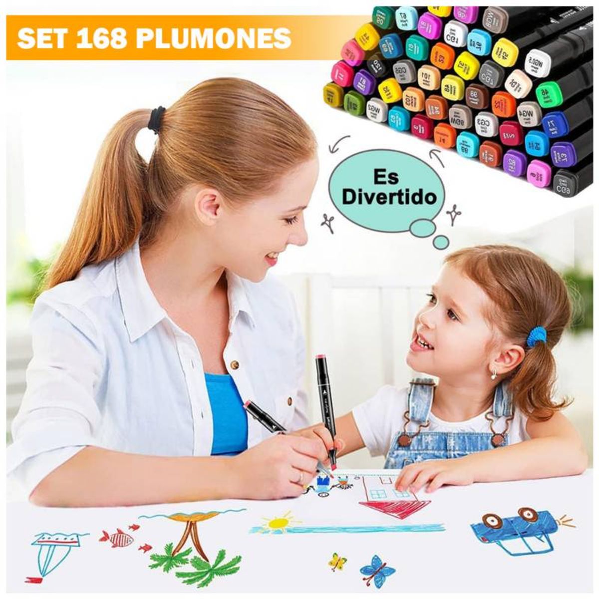 GENERICO - Set de 168 Plumones Marcadores Doble Punta con Estuche Arte