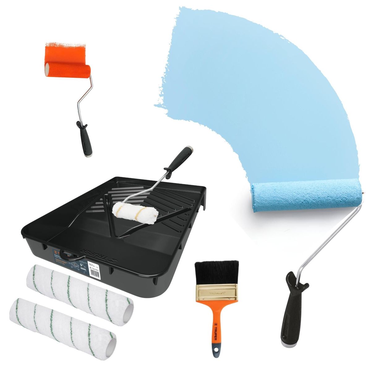TRUPER - kit Rodillo para pintar 4 unidades, 1 Bandeja, 1 Brocha, TRUPER EXPERT