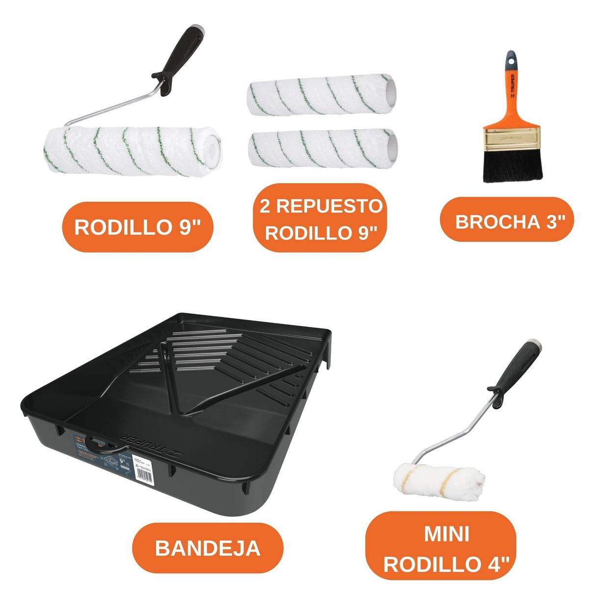 TRUPER - kit Rodillo para pintar 4 unidades, 1 Bandeja, 1 Brocha, TRUPER EXPERT