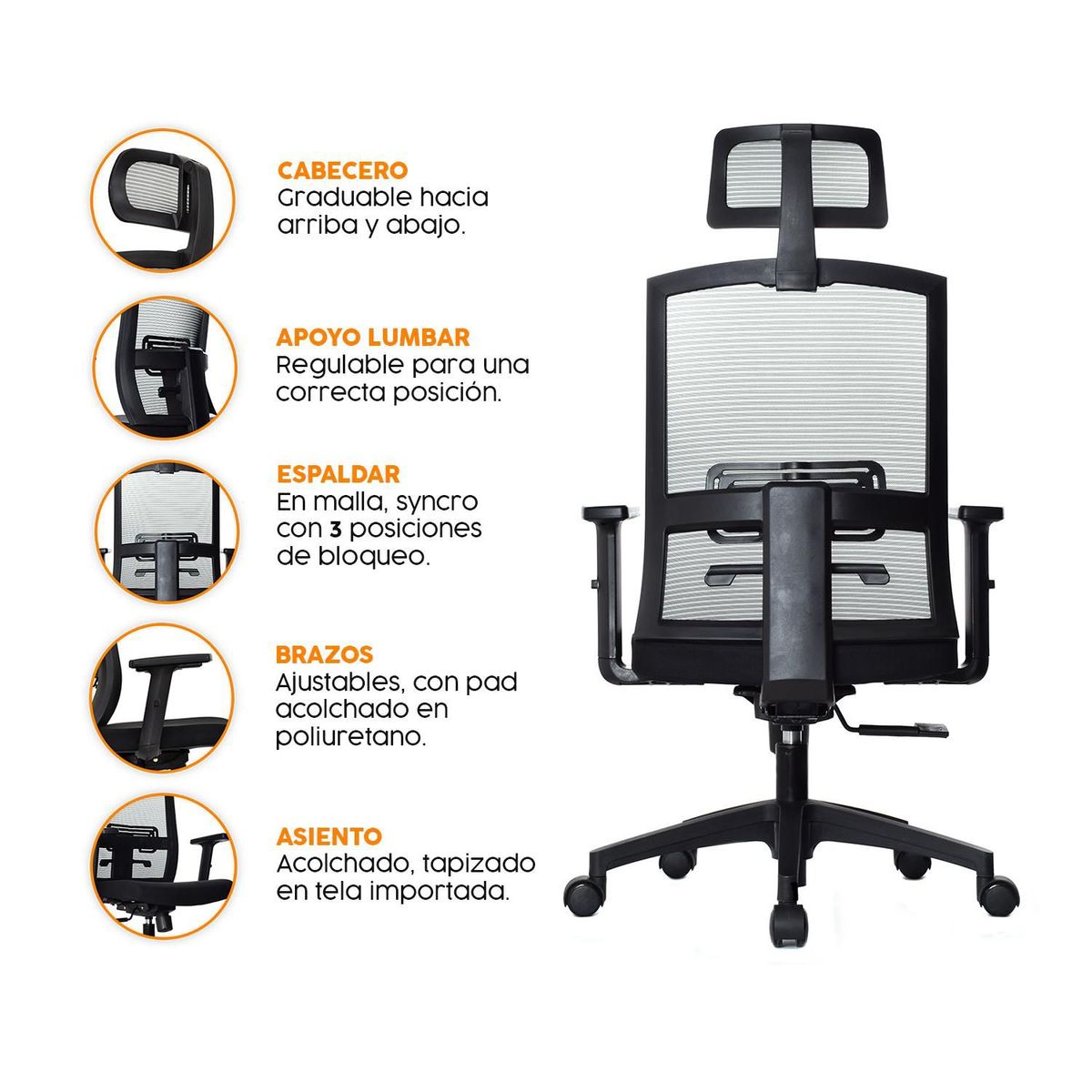 BONNO - Silla Ergonomica  Monk  Negro Con Cabecero Bonno