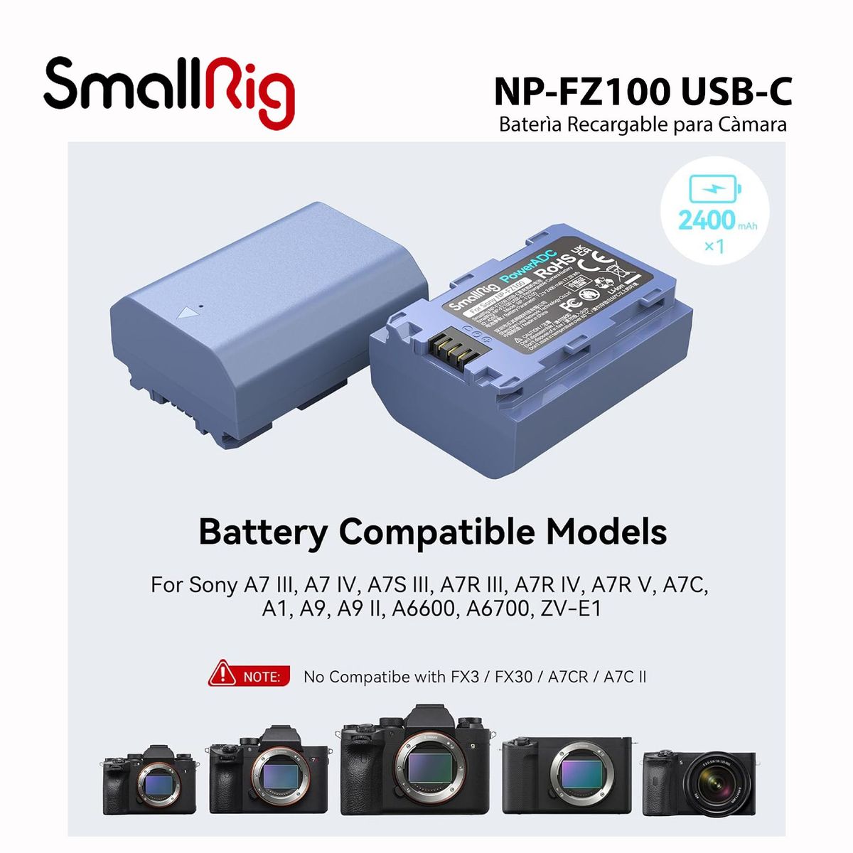 GENERICO - Batería SmallRig NP-FZ100 USB-C 2400mAh para Cámaras Sony