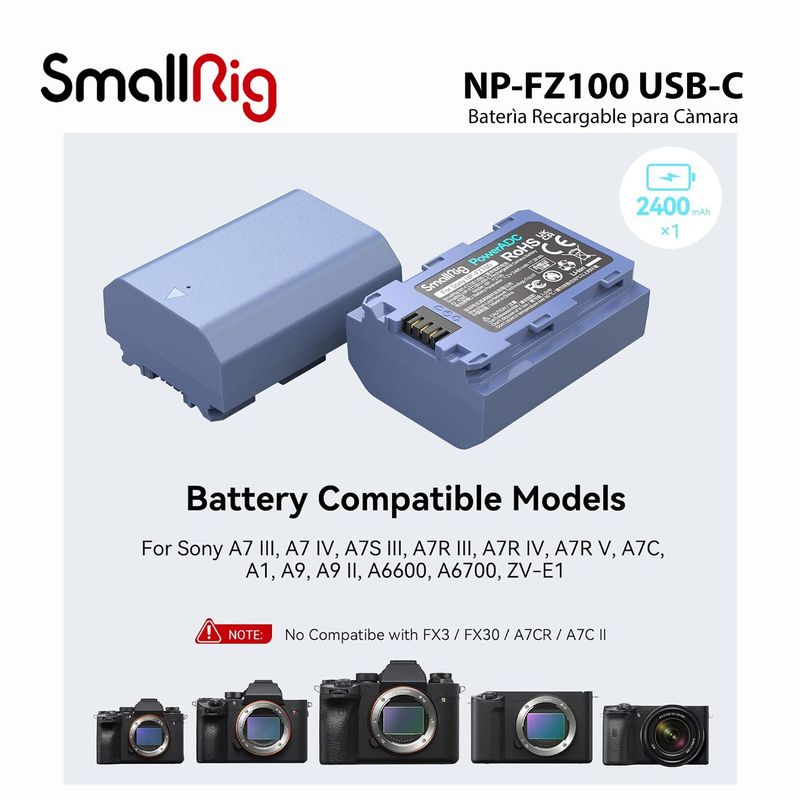 GENERICO - Batería SmallRig NP-FZ100 USB-C 2400mAh para Cámaras Sony
