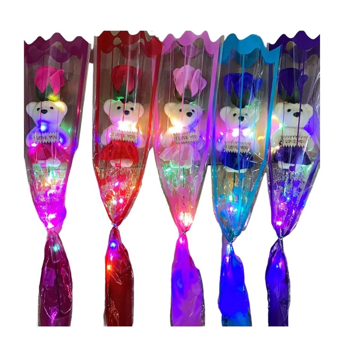 GENERICO - Kit 5 Rosas de regalo con osito y luces de amor