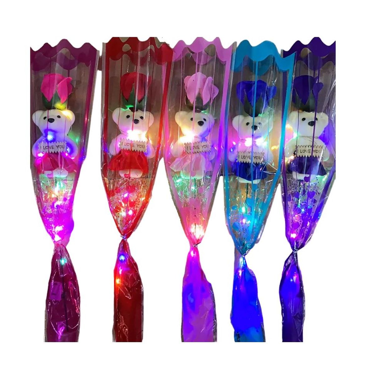 GENERICO - Kit 5 Rosas de regalo con osito y luces de amor