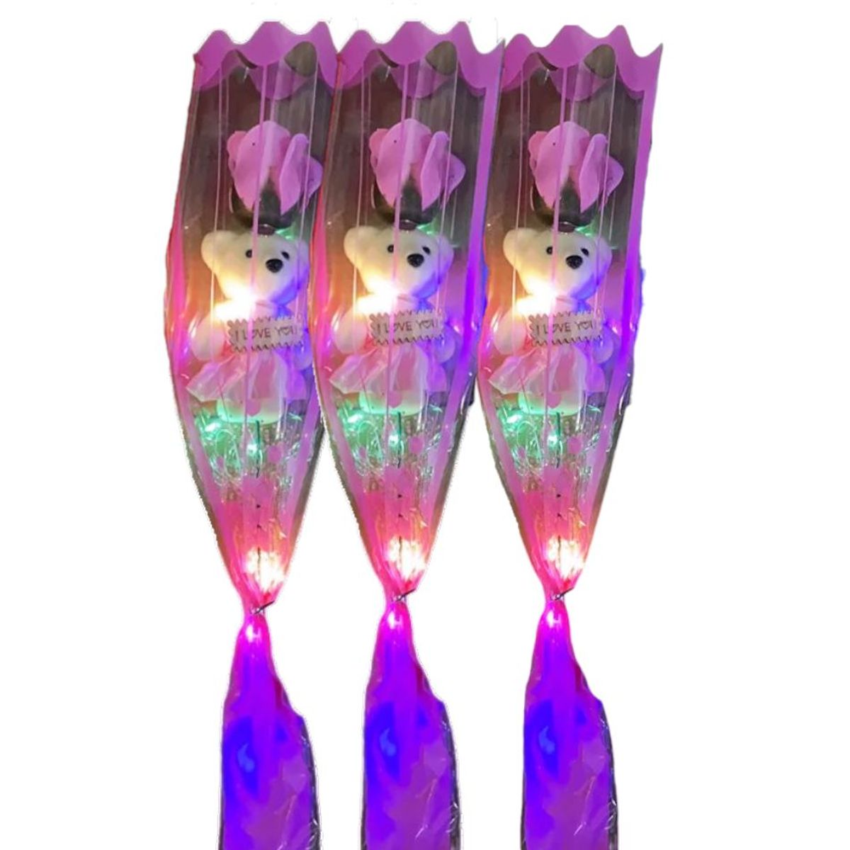 GENERICO - Kit 3 Rosas  de regalo con osito y luces de amor