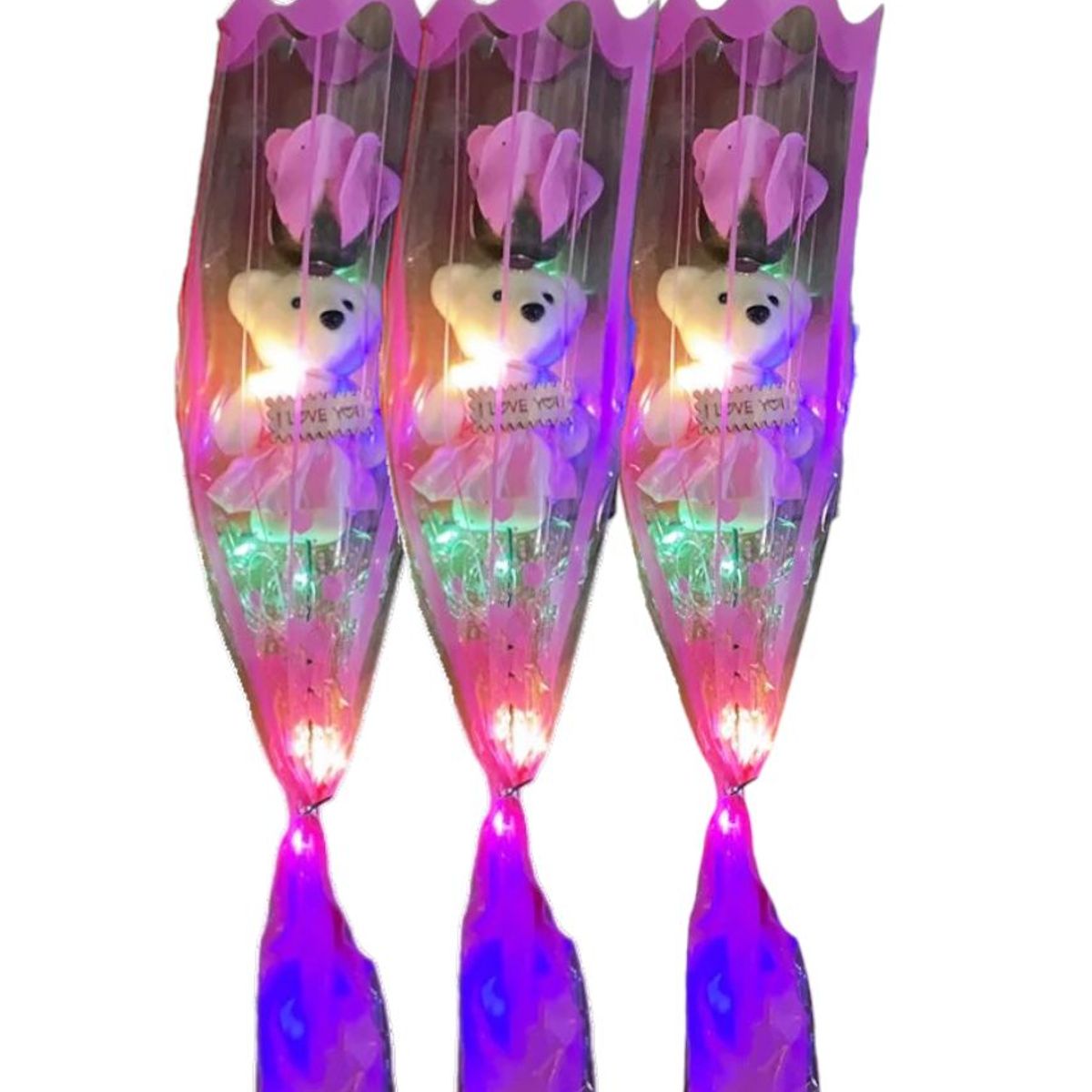 GENERICO - 3 Rosas rosadas con osito y luces