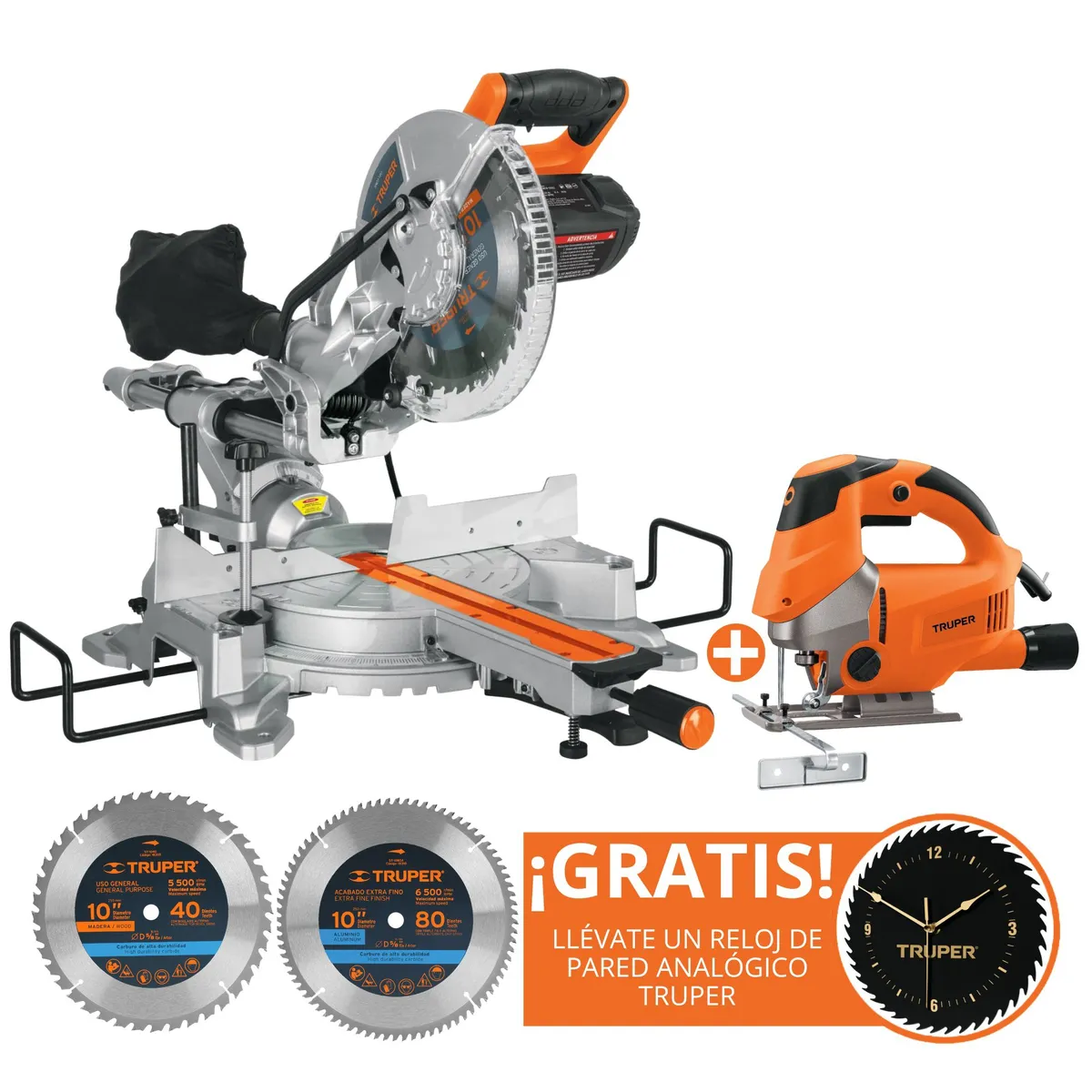 TRUPER - Combo Sierra ingleteadora telescópica 1800W, 2 discos, sierra caladora