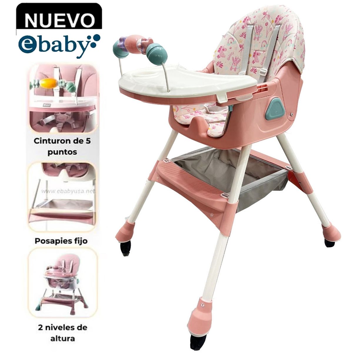 EBABY - Silla de Comer Plegable Con Ruedas Doble bandeja LULU Rosado