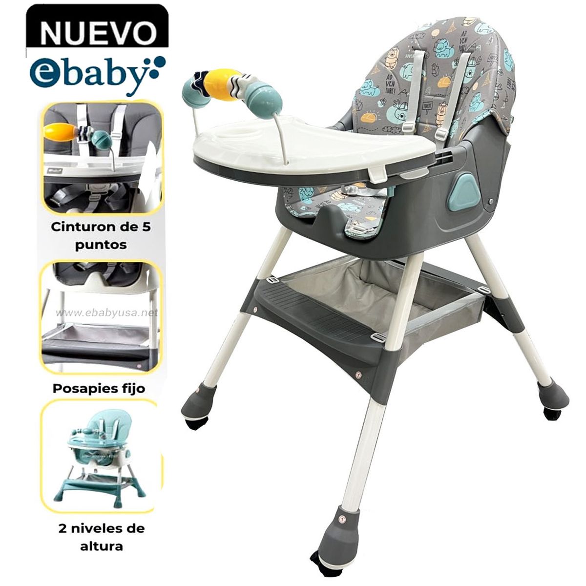 EBABY - Silla de Comer Plegable Con Ruedas Doble bandeja LULU Gris