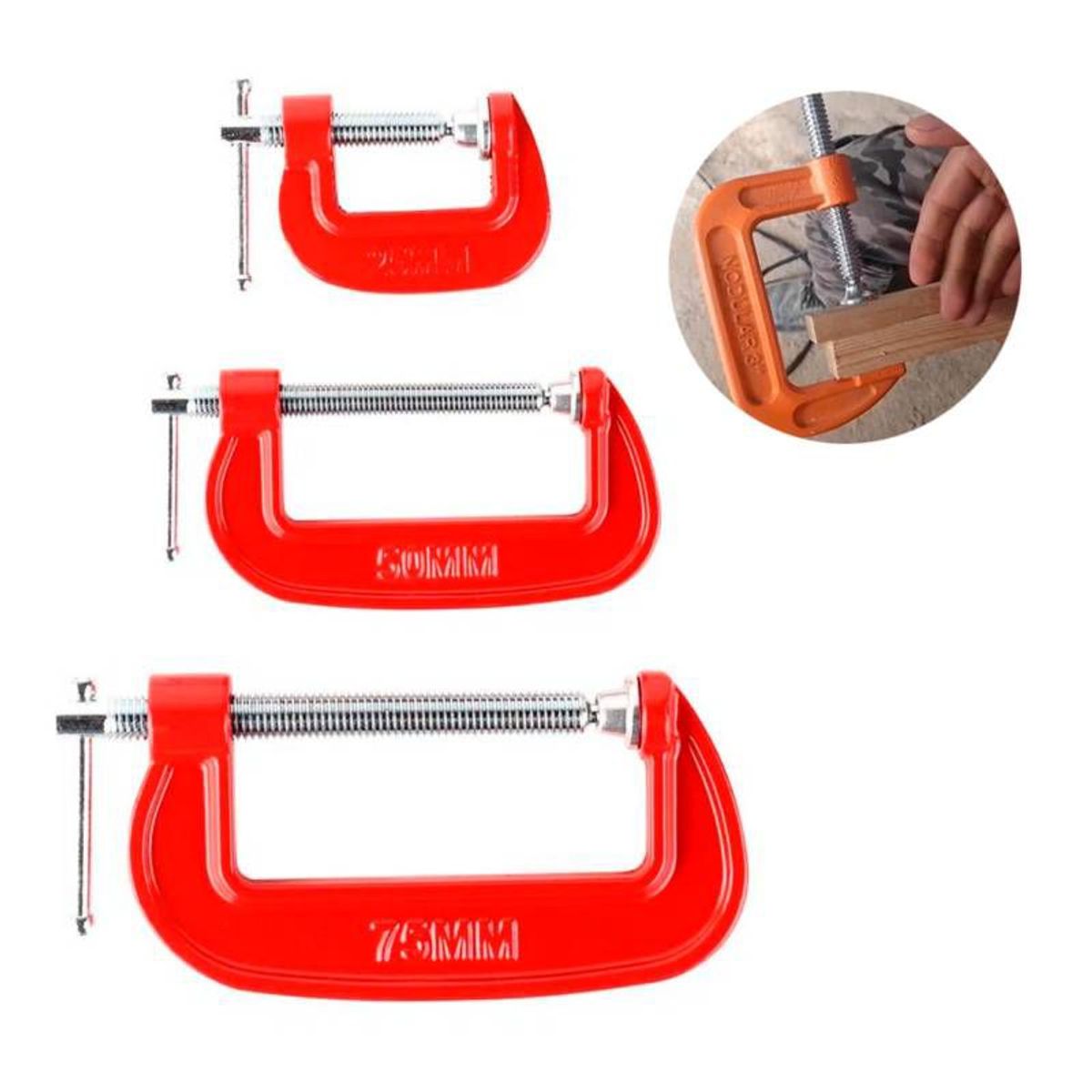 GENERICO - Juego De Prensa Modelo C Kit De 3 Unidades 25mm, 50mm, 75mm Rojo