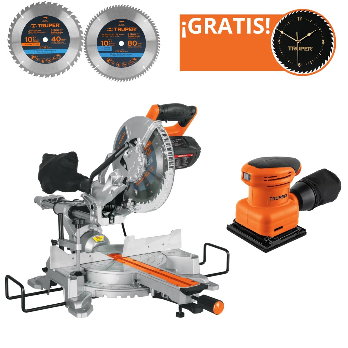 TRUPER - Combo Sierra ingleteadora telescópica 1800W 2 discos lijadora orbital