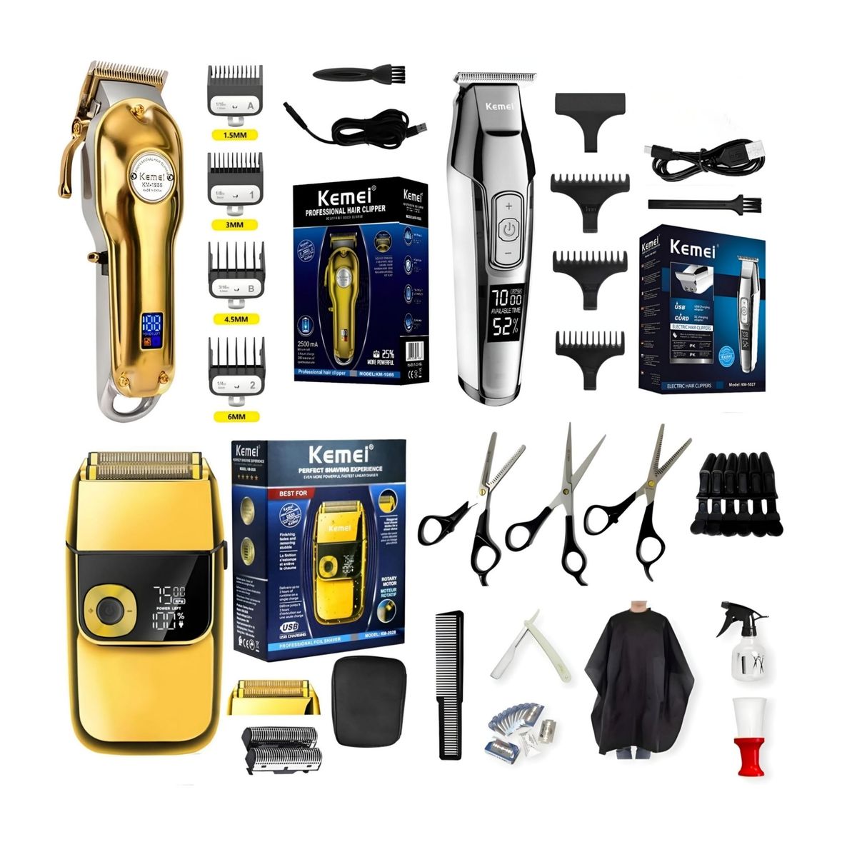 KEMEI - Combo profesional Kemei km-1986 patillera km-5027 y afeitadora km-2028
