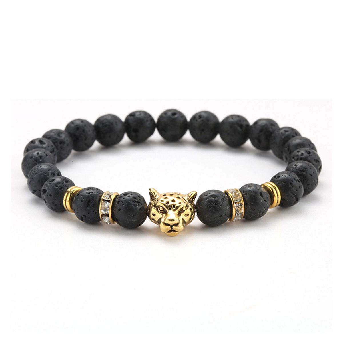 GENERICO - Pulsera Piedras Naturales Unisex Piedra Lava Leopardo Dorado