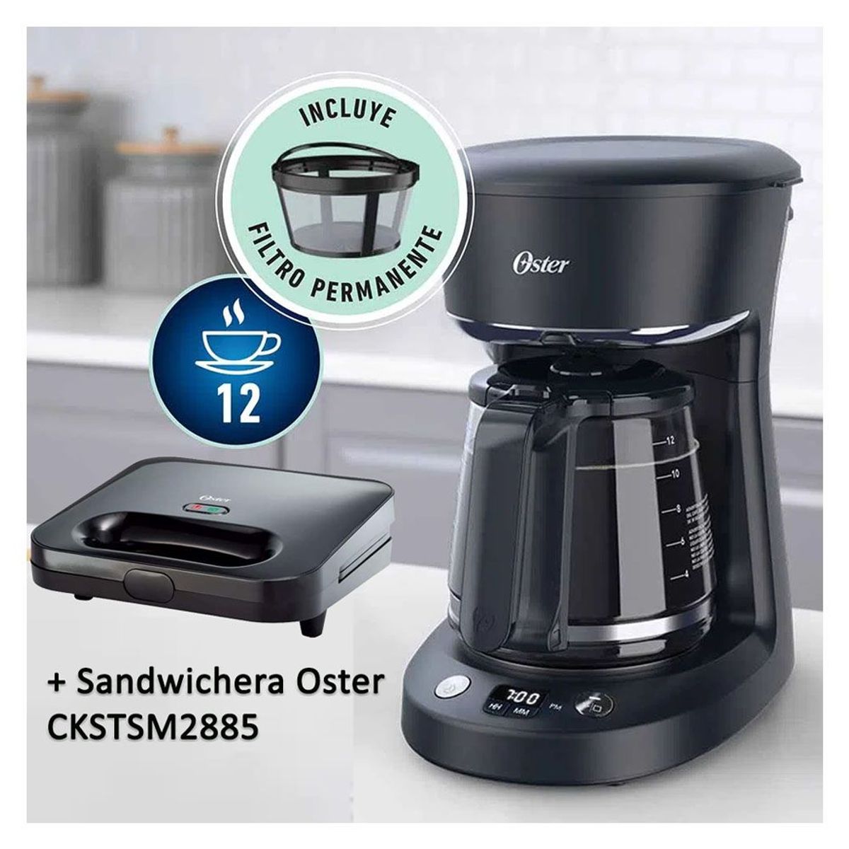 OSTER - Cafetera Programable Oster 12 Tazas BVSTDCP12B  Sandwichera CKSTSM2885