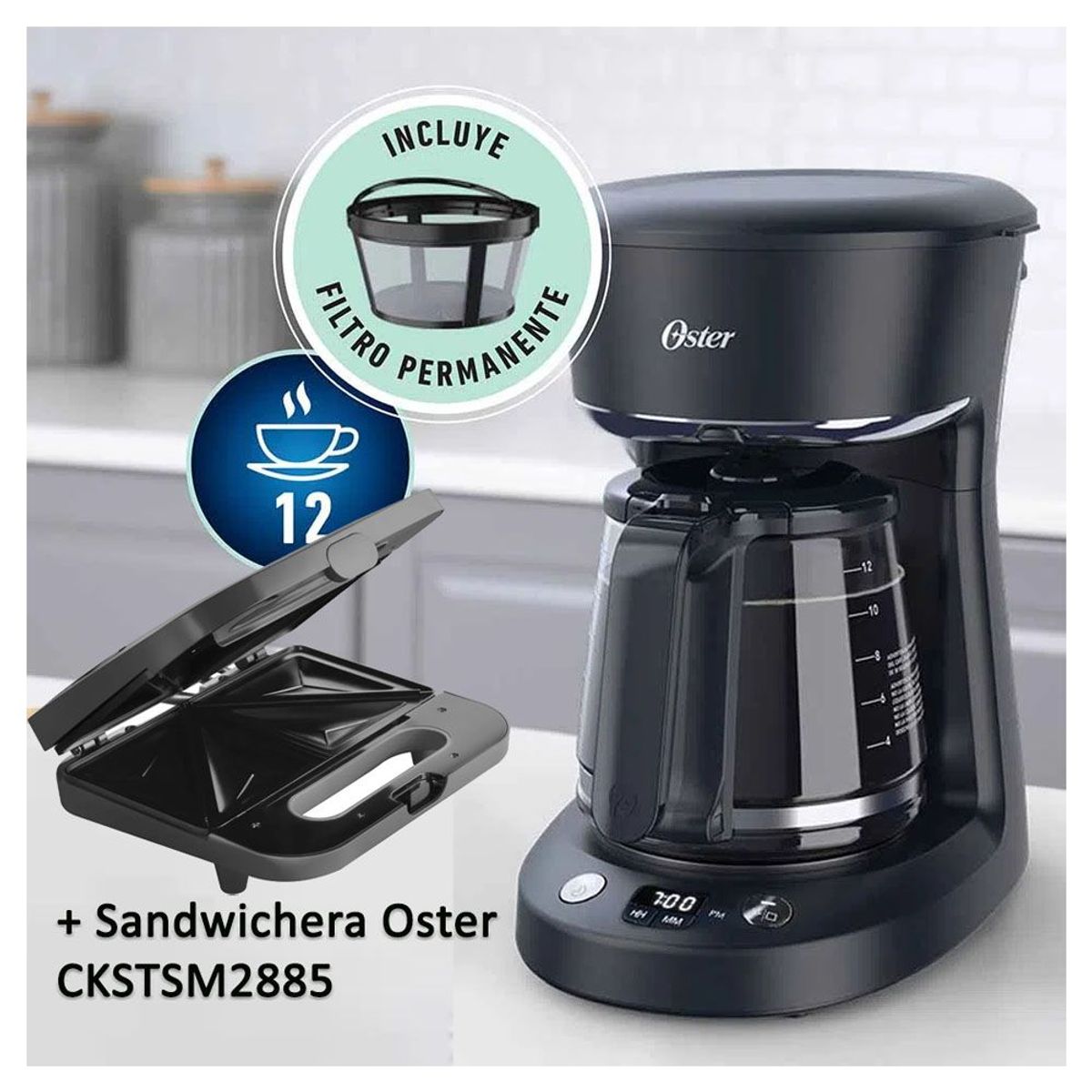 OSTER - Cafetera Programable Oster 12 Tazas BVSTDCP12B  Sandwichera CKSTSM2885
