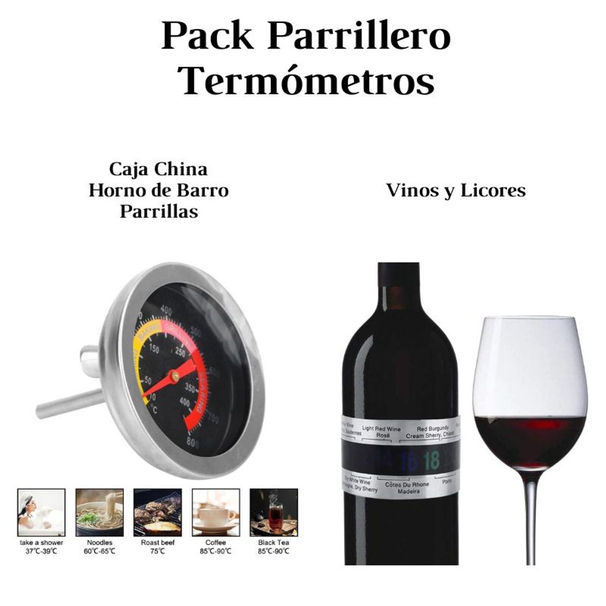 GENERICO - Pack Parrillero Termómetros Parrilla Caja China Vinos y Licores