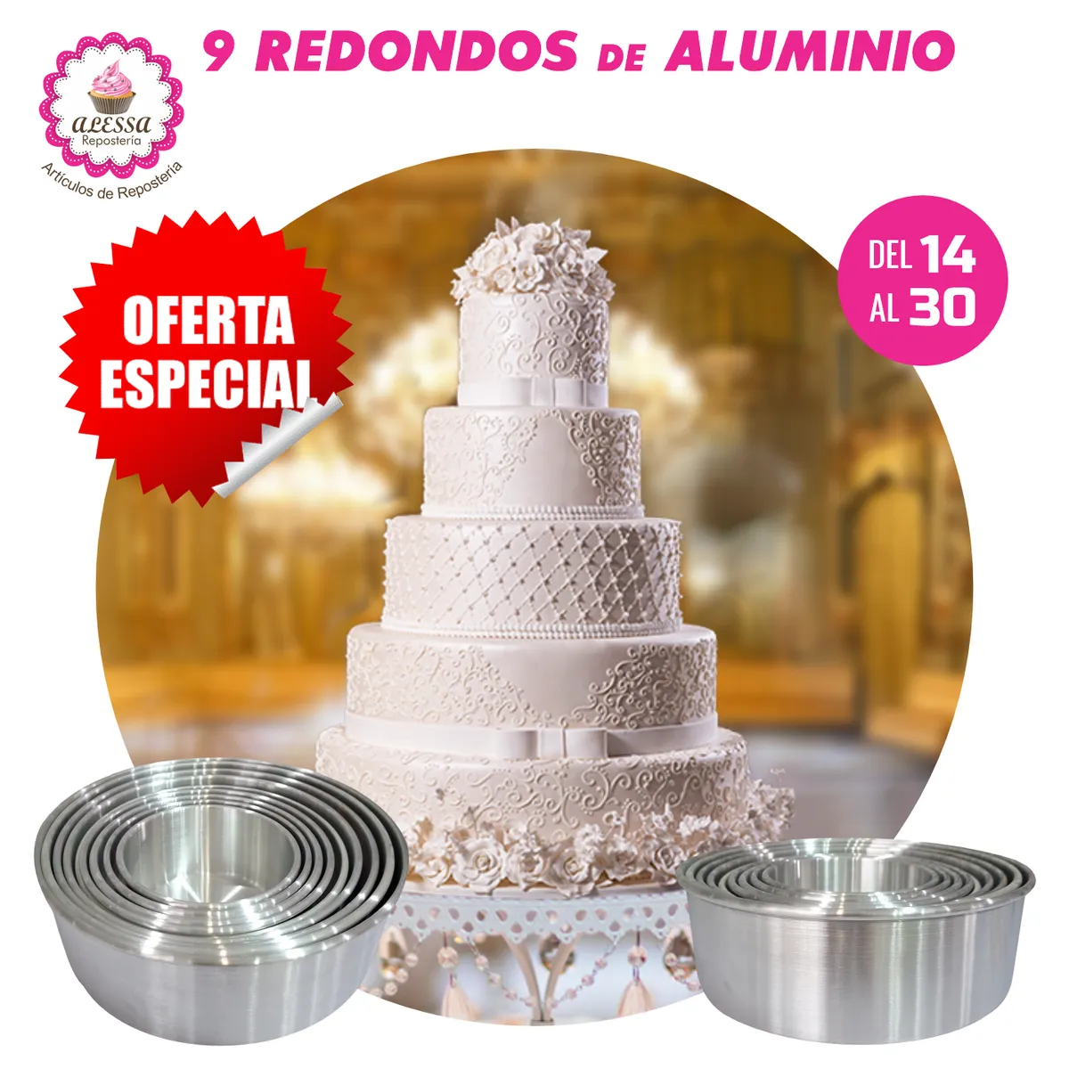 GENERICO - Set Premium de 9 Moldes Redondos de Aluminio para Repostería