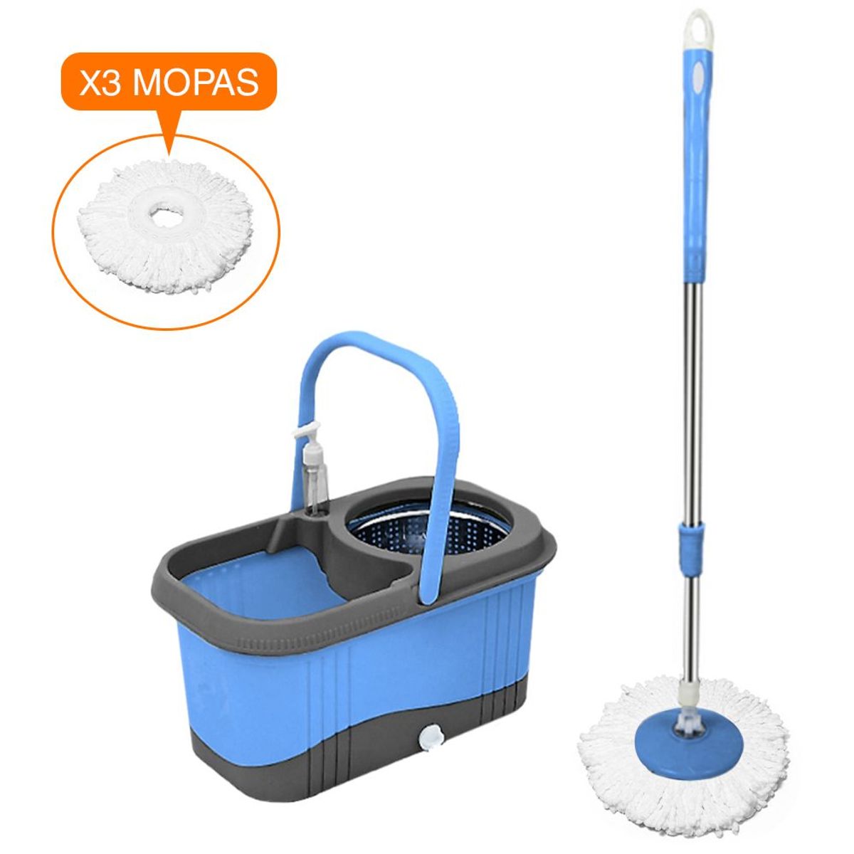 SASHIJA - Balde Escurridor Trapeador 3 Mopas + Dispensador Celeste