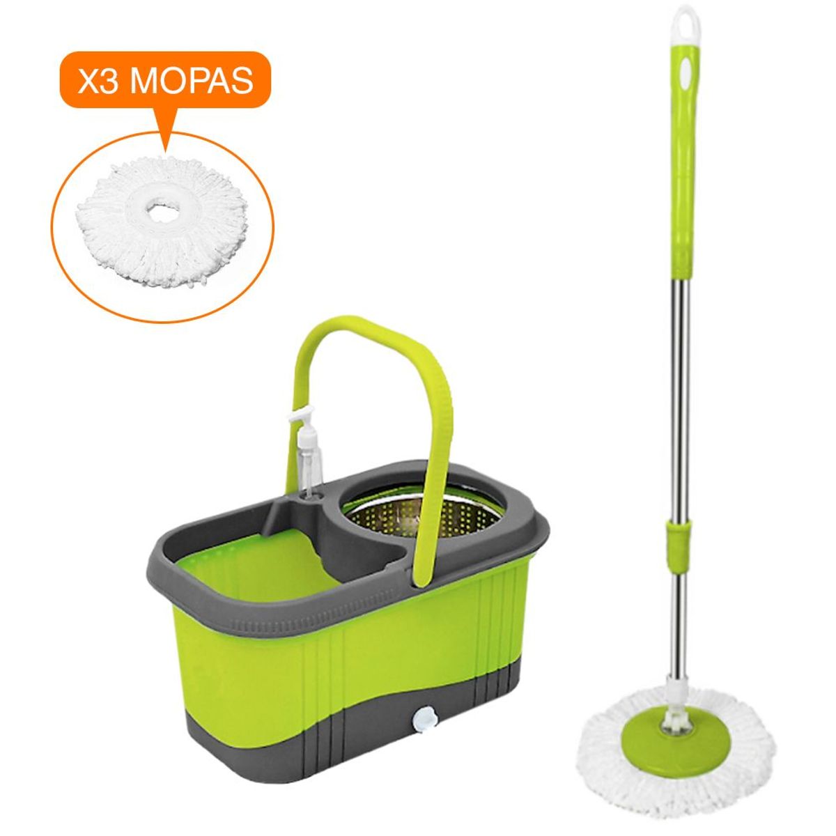 KELLER - Balde Escurridor Trapeador 3 Mopas + Dispensador Verde