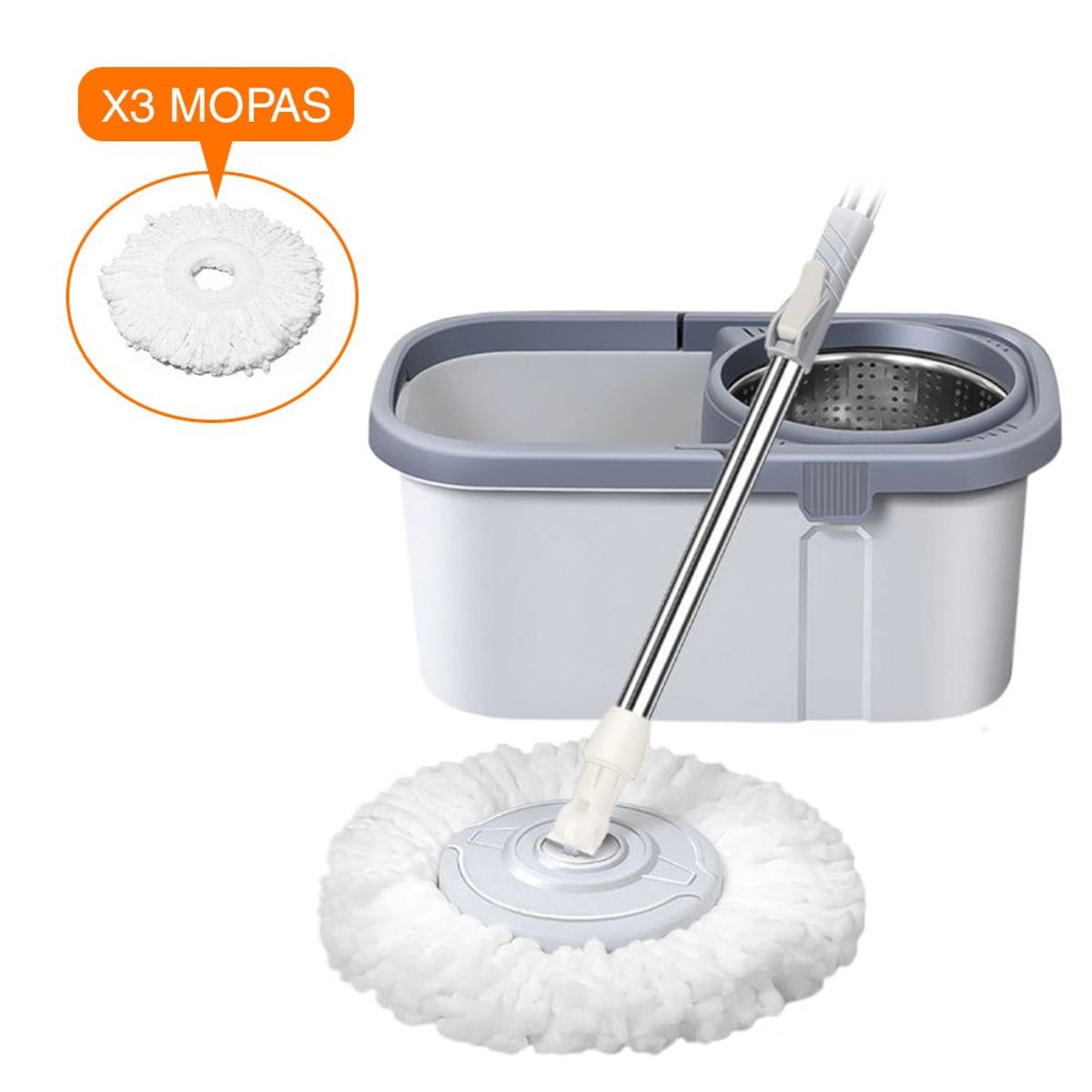 KELLER - Balde Escurridor Trapeador Giratorio 3 Mopas Cuadrado PL