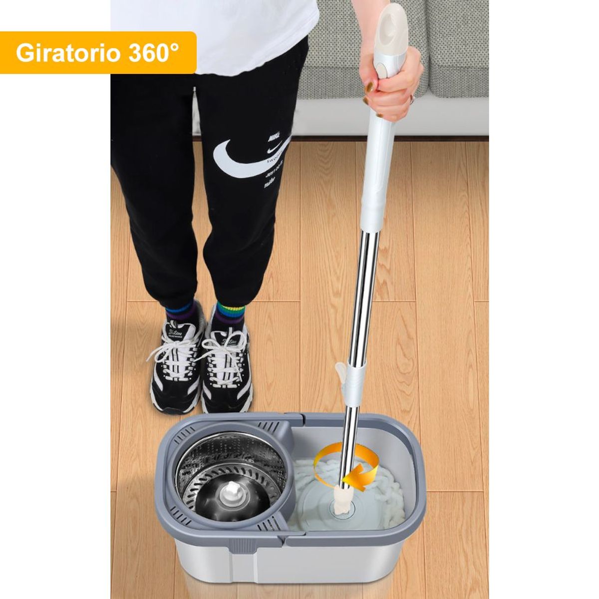 KELLER - Balde Escurridor Trapeador Giratorio 3 Mopas Cuadrado PL