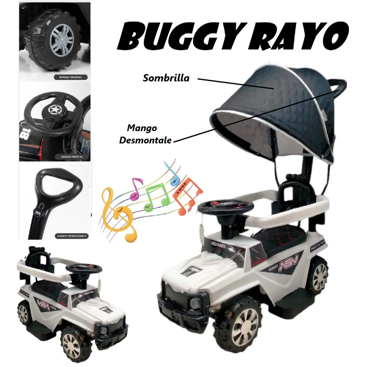 GENERICO - Buggie Rayo Guiador Musical Luces 3 en 1 con Desmontable-BL