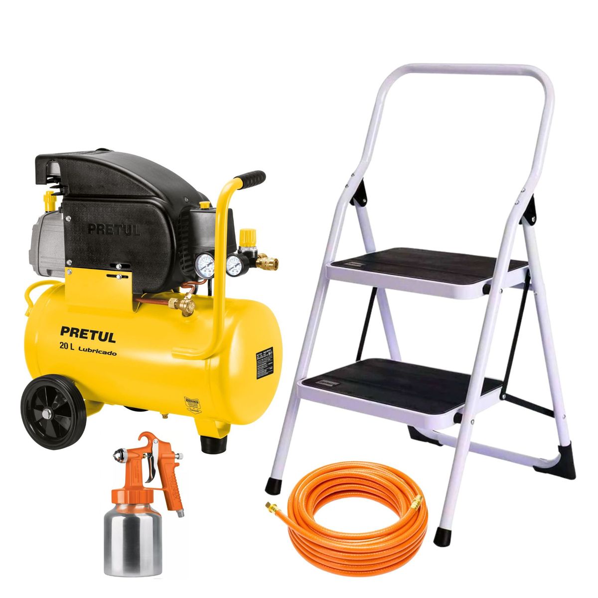 PRETUL - kit compresora de Aire 20Lt, escalera 2 peldaños, manguera,1pstola