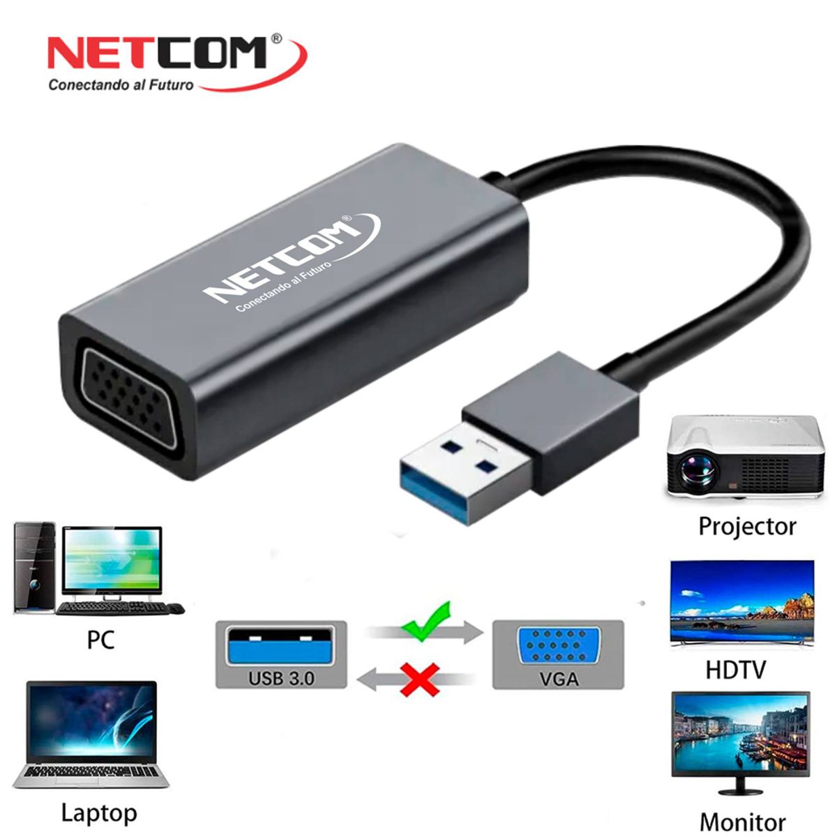 NETCOM - Adaptador convertidor USB 3.0 a VGA Full HD 1080P NETCOM