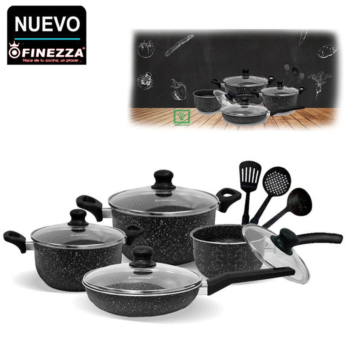 FINEZZA - Juego de Ollas Antiadherente 11PZAS FZ-X1705M Negro