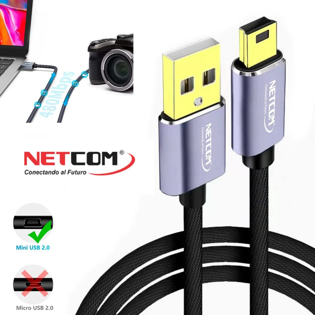 NETCOM - Cable USB 2.0 a Mini USB V3 5 pines 1.8 Metros NETCOM 480Mbps nylon