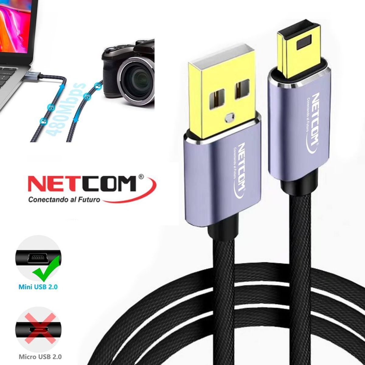 NETCOM - Cable USB 2.0 a Mini USB V3 5 pines 1.8 Metros NETCOM 480Mbps nylon
