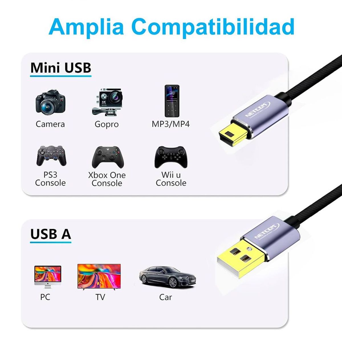 NETCOM - Cable USB 2.0 a Mini USB V3 5 pines 1.8 Metros NETCOM 480Mbps nylon