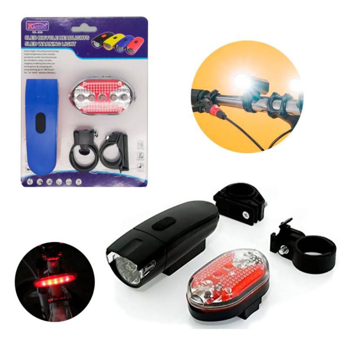 Luces Para Bicicleta 8 Led Frontal Y 5 Led Posterior Seguridad – Azul, marca GENERICO - Foto Principal
