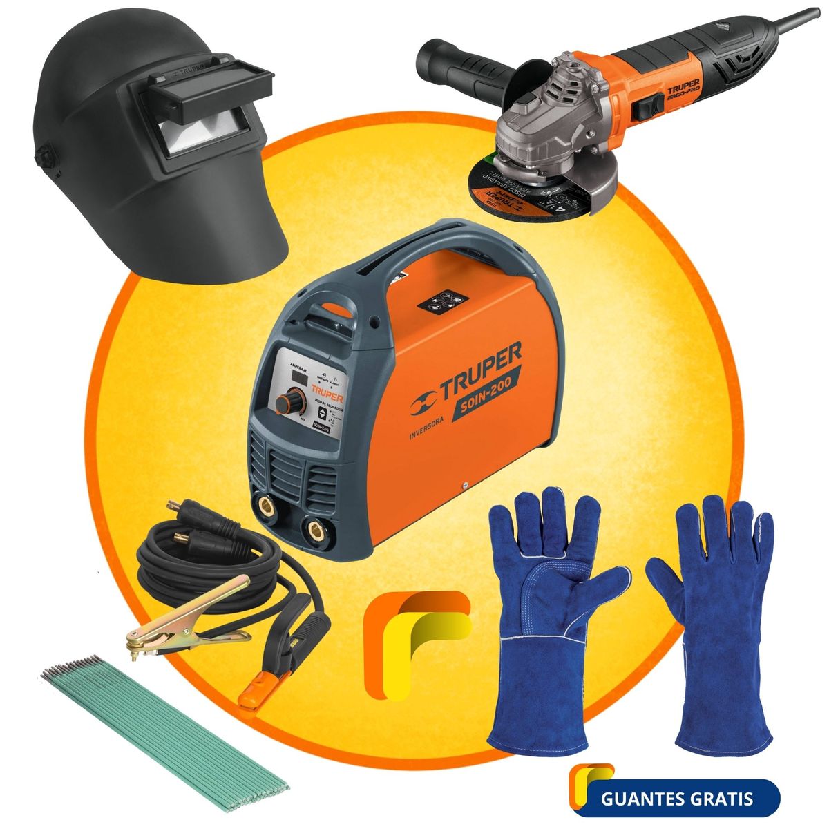 TRUPER - MEGACOMBO MAQUINA SOLDADOR 200A  AMOLADORA ERGOPRO 850W CARETA, GUANTE