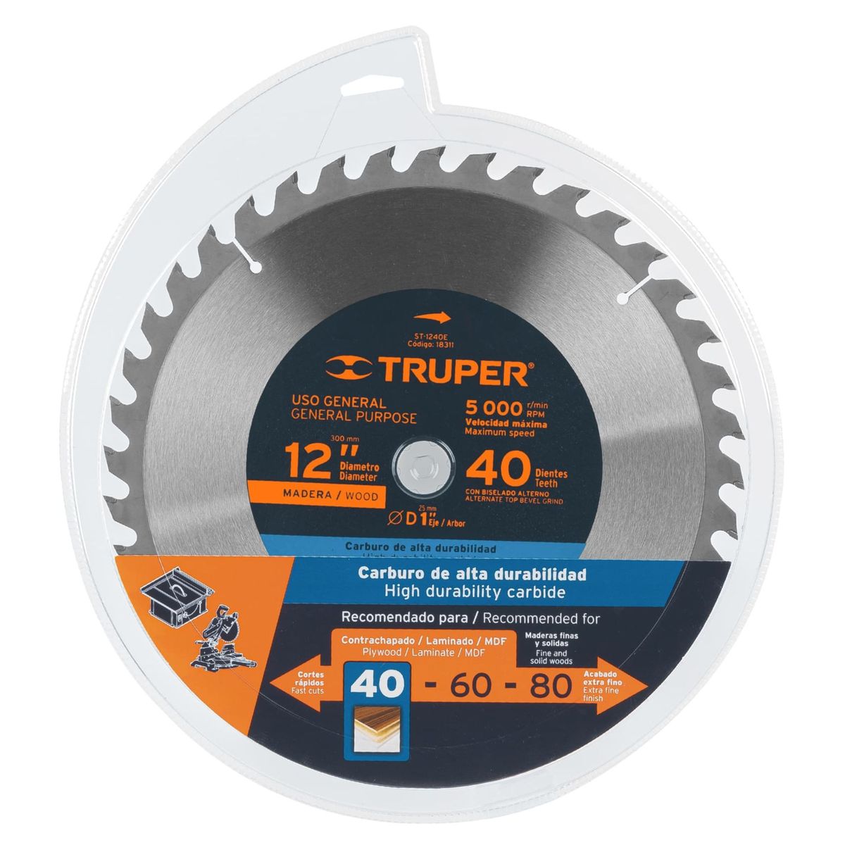 TRUPER - Disco sierra 40 dientes 12"P, para madera, Truper