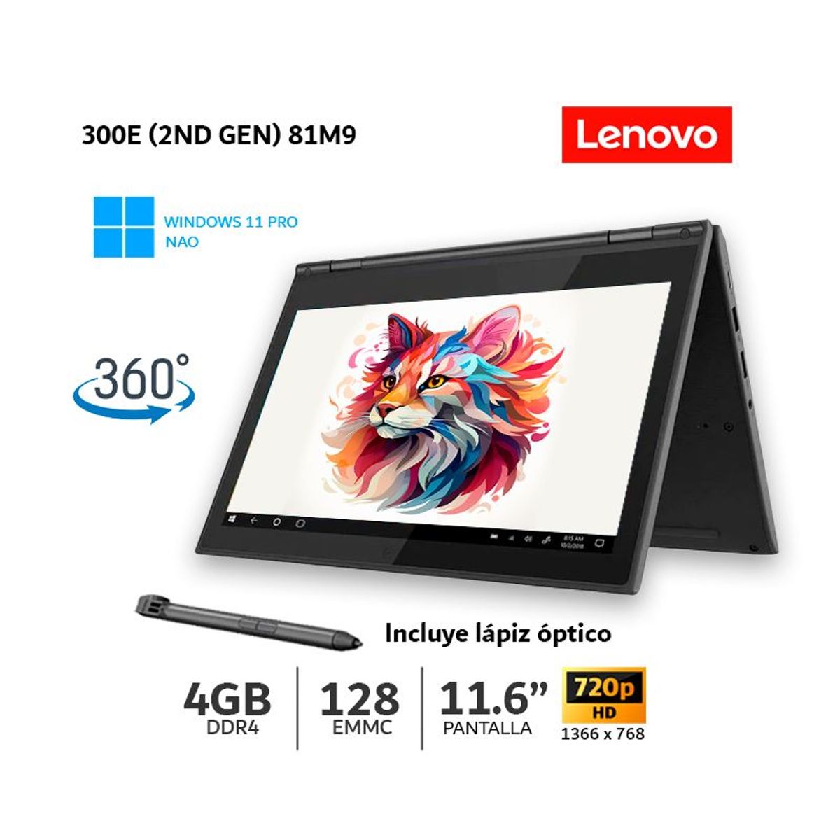 LENOVO - Laptop Lenovo 300e 2nd Gen 116 HD 360° Touch Pentium Silver N5030 4GB DDR4 128GB EMMC W11 Pro NAO