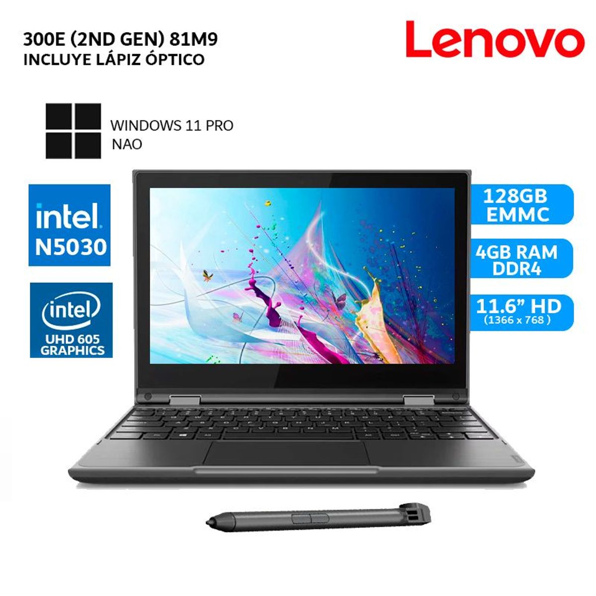 LENOVO - Laptop Lenovo 300e 2nd Gen 116 HD 360° Touch Pentium Silver N5030 4GB DDR4 128GB EMMC W11 Pro NAO