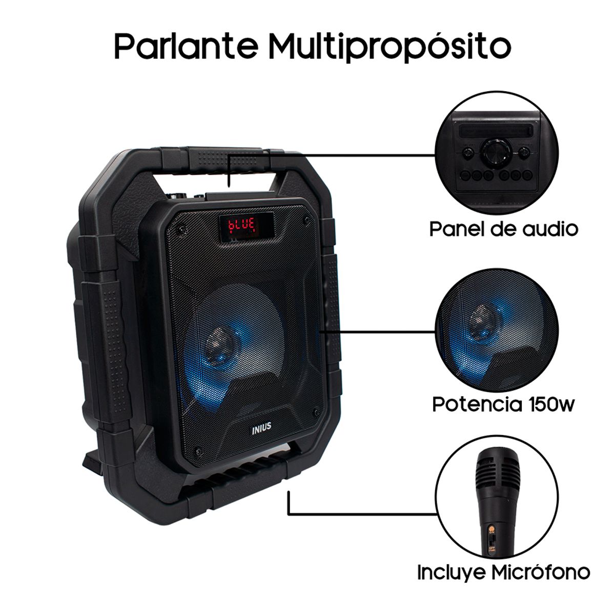 INIUS - Parlante Karaoke Portátil 200W con Amplificador y Micrófono